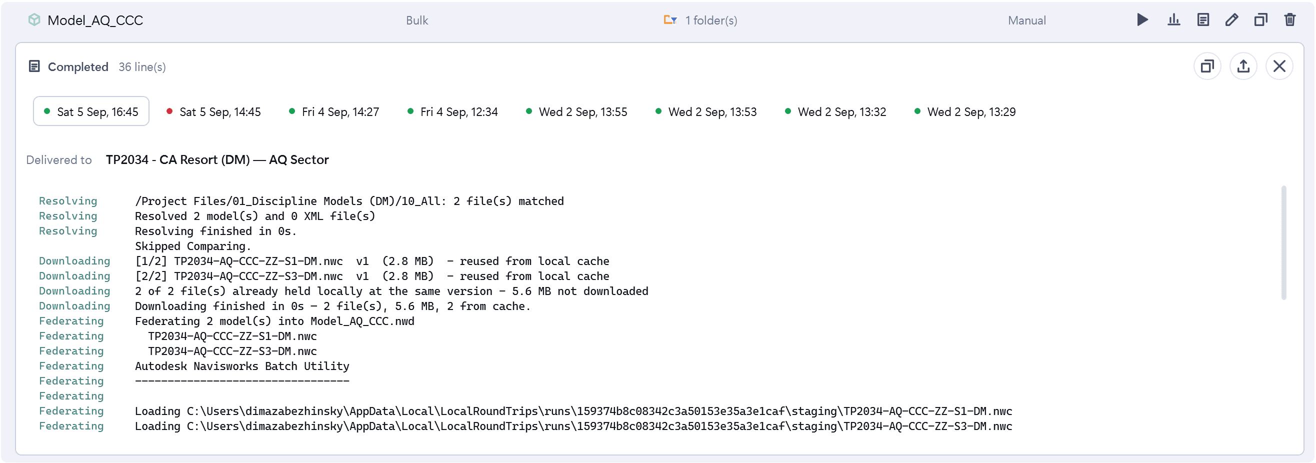 A run log, line by line: what resolved, what was reused from the local cache, and what was federated.