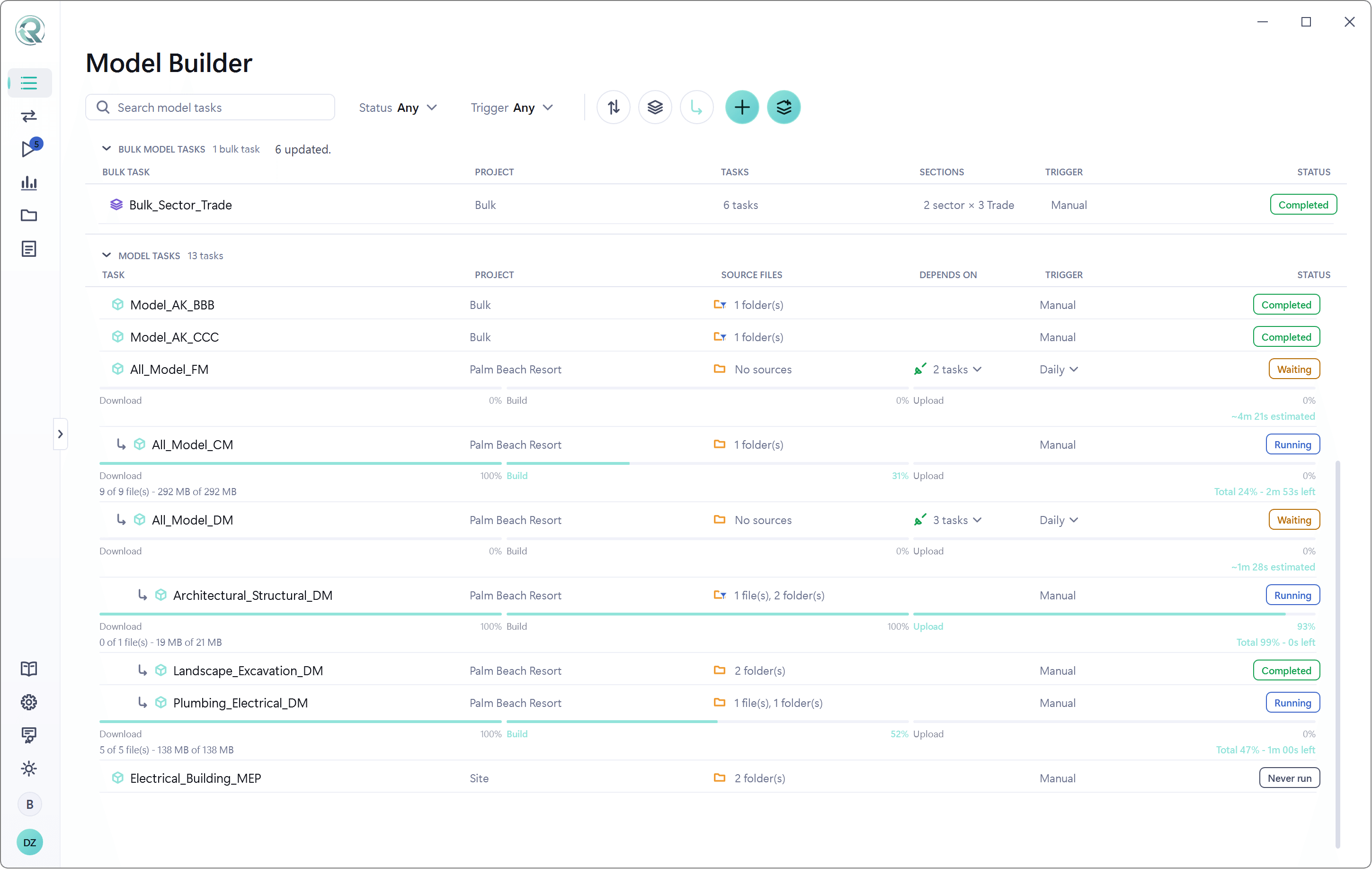 Tasks mid-run, each row showing download, build and upload progress with the time left.